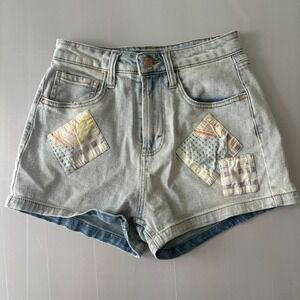 Patchwork High Rise Mom Denim Shorts‎ size 0 Light Wash Patchwork Embroidered
